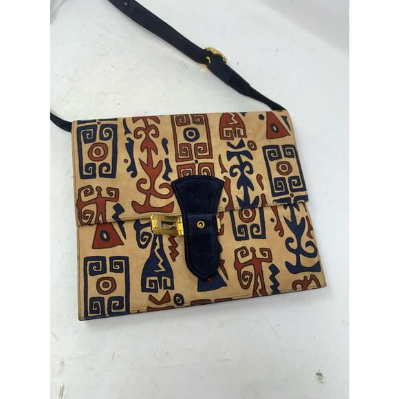 Saks Fifth Avenue Black Multicolor Suede Print Buckle Closure Purse - Picture 12 of 14